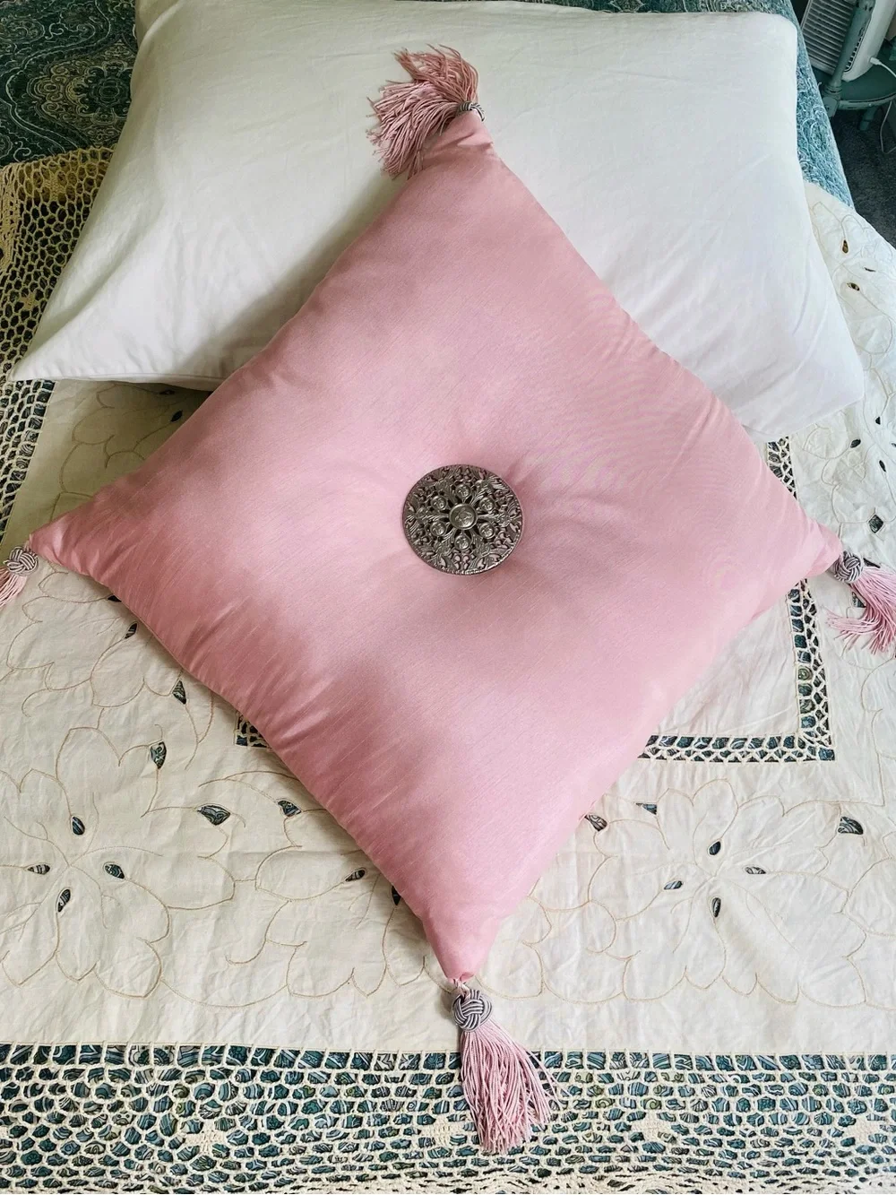 Vintage Pink Silk Accent Pillow w/ silver medallion and tassels 60s 70s